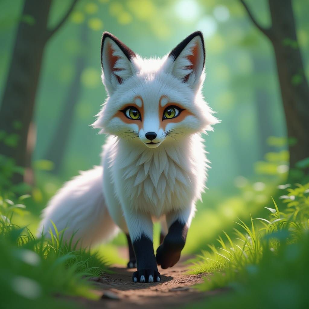 Cute Silver Fox in Lush Forest - 3D Anime Art