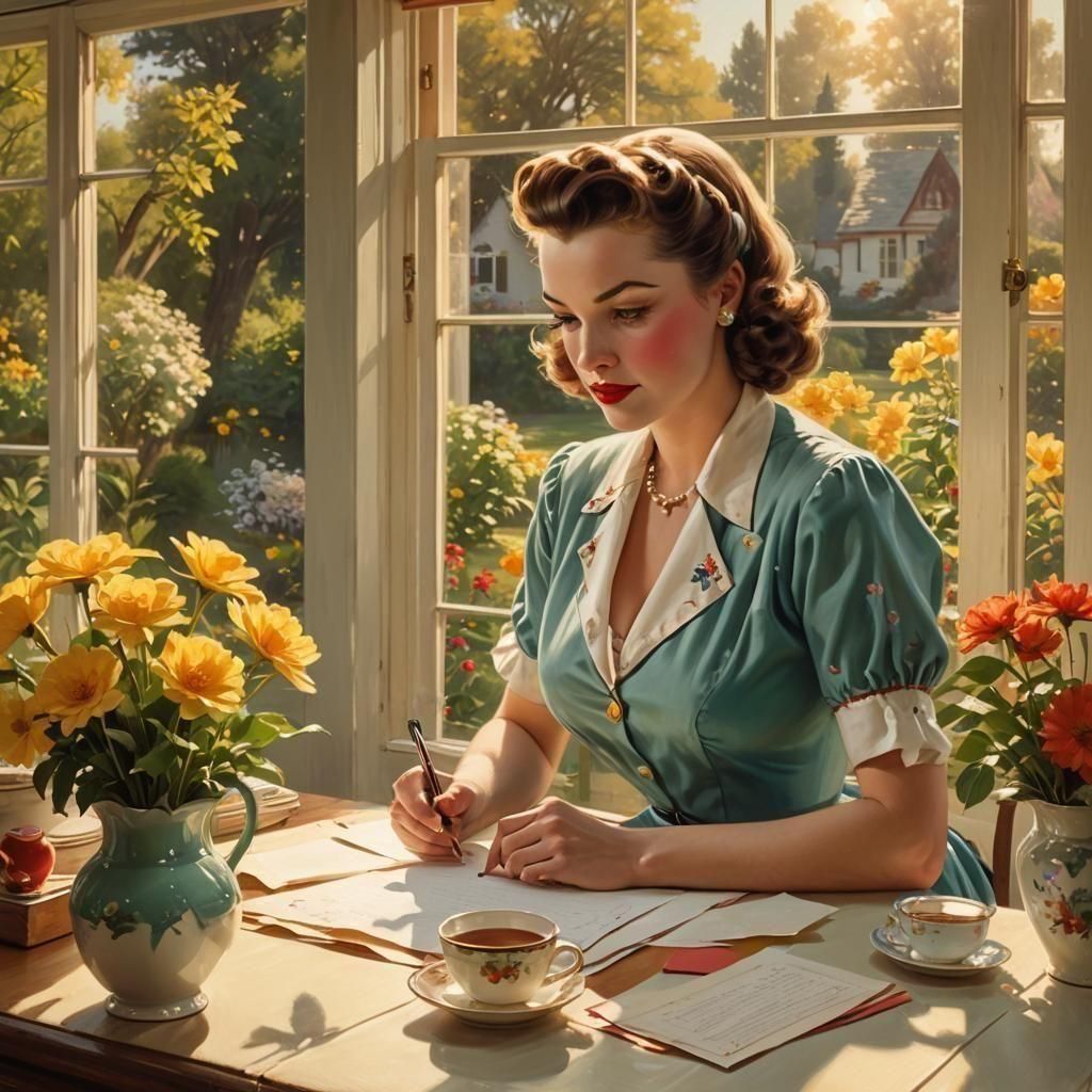 1950s Woman Writing Letter, Elvgren Style