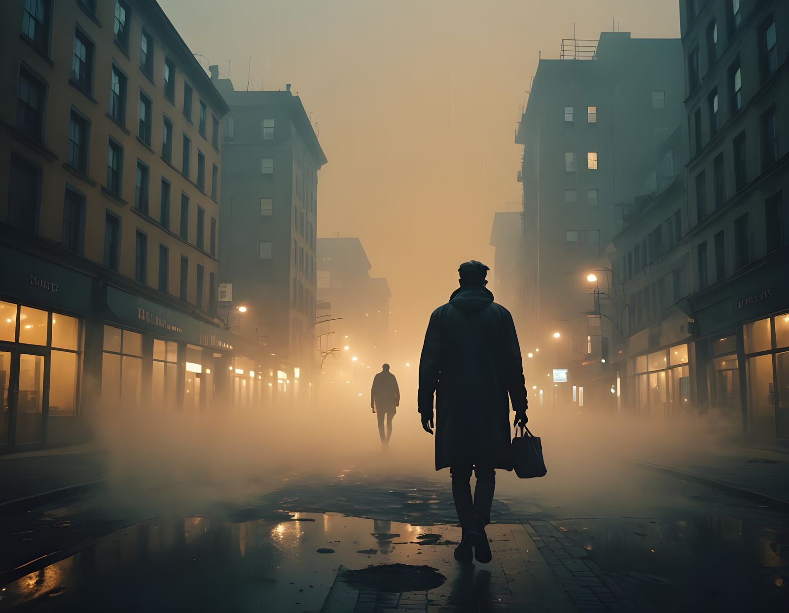 Cityscape in Foggy Night, Surreal Landscape with Mysterious....