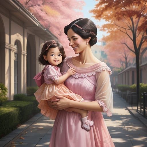 Woman in Pink Dress Picks Up Child From School, Digital Pain...