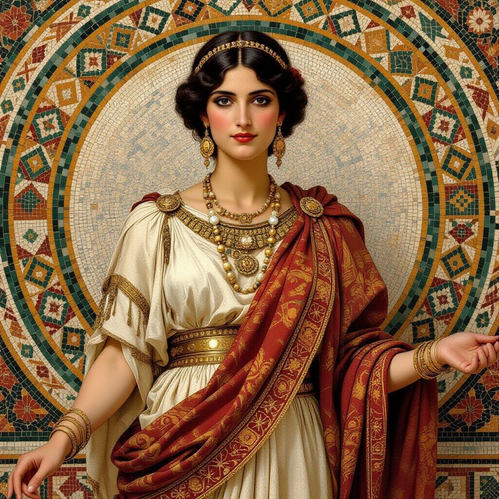 Ancient Roman Woman in Mosaic, Gold Jewelry & Draped Robes