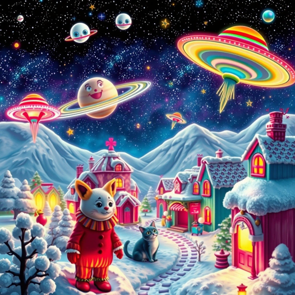 Photorealistic Snow Village in Space with Clowns