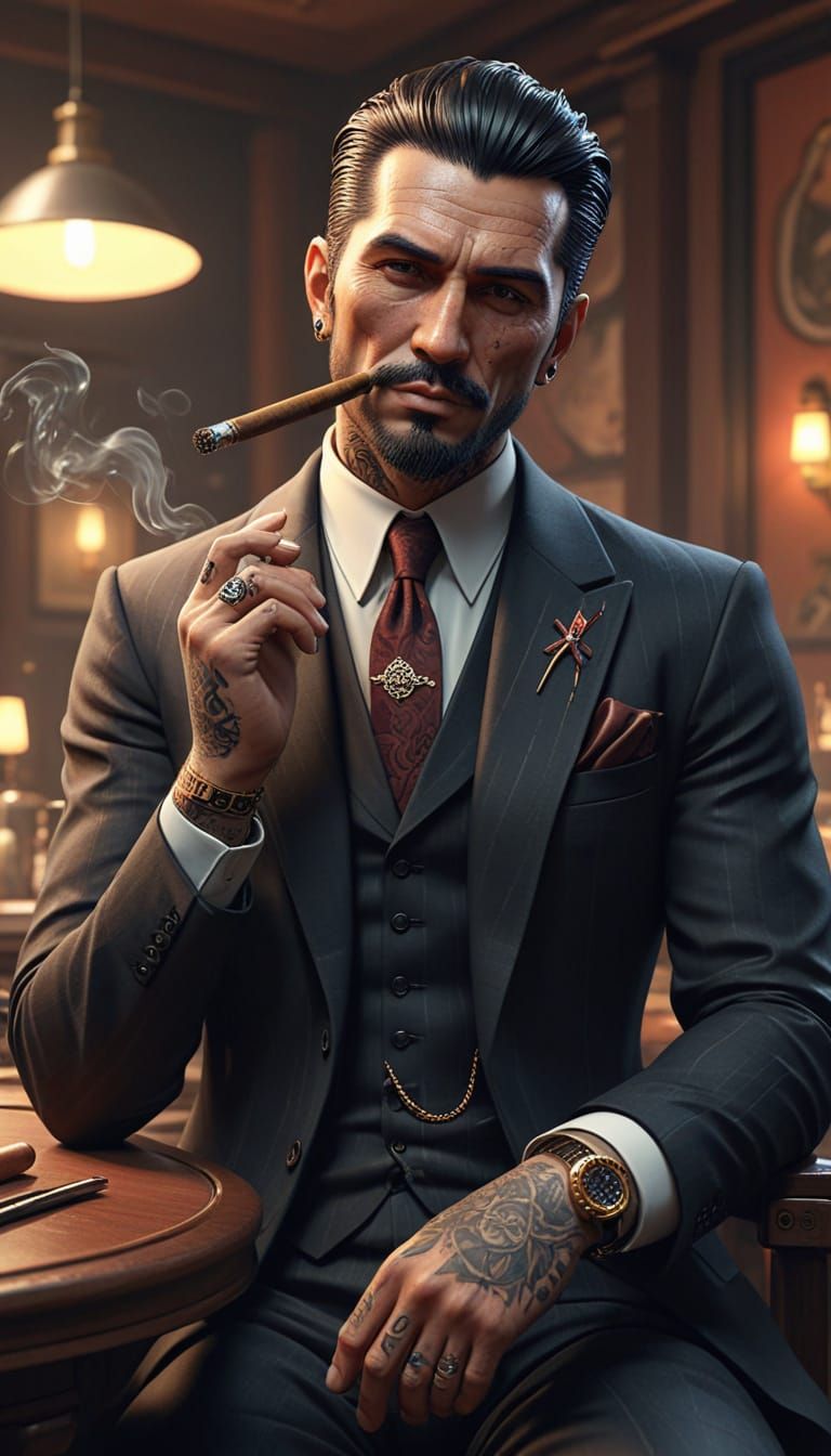 Cyberpunk Mafia Boss in Soft Stylized Digital Illustration