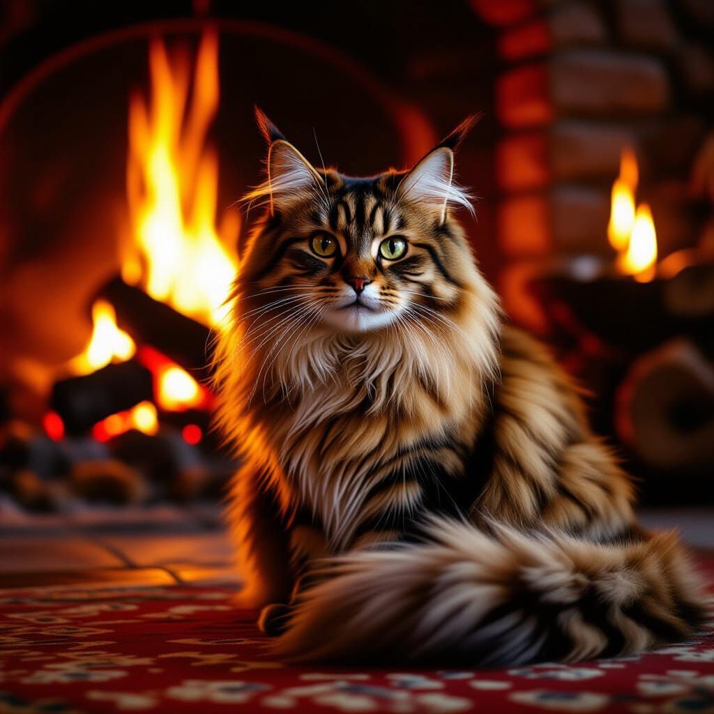 Majestic Three-Headed Cat by Firelight