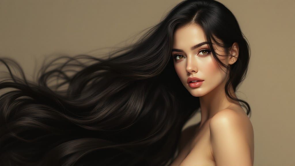 Elegant Woman with Flowing Hair in Hyper-Stylized Portrait