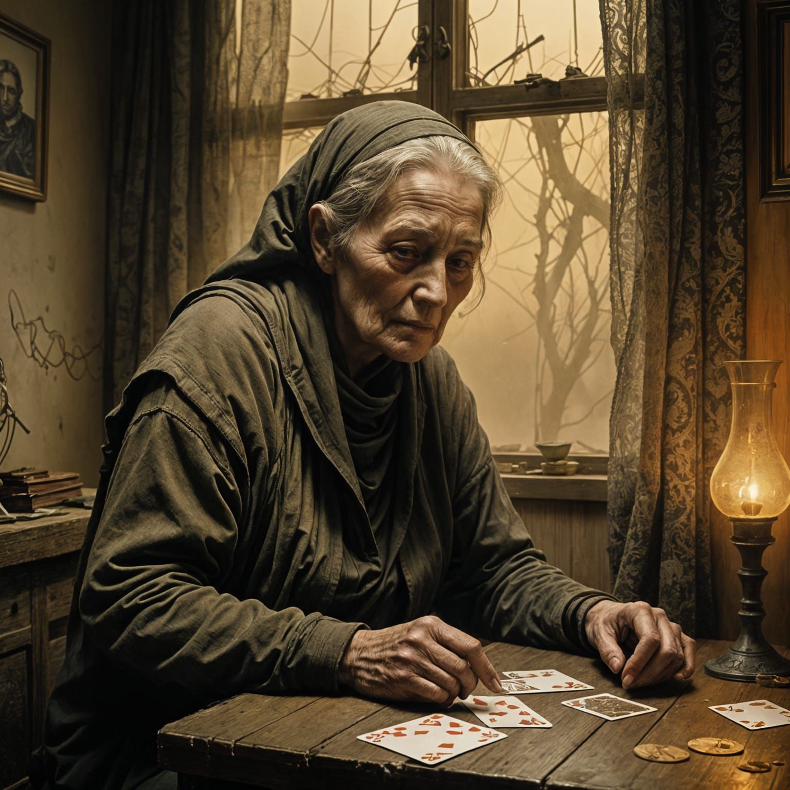 Ethereal Old Woman Lost in Solitaire