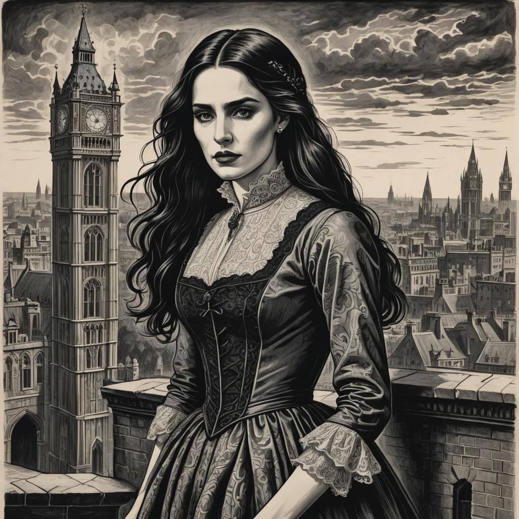 Mina Murray Overlooking London: Woodcut Charcoal Drawing