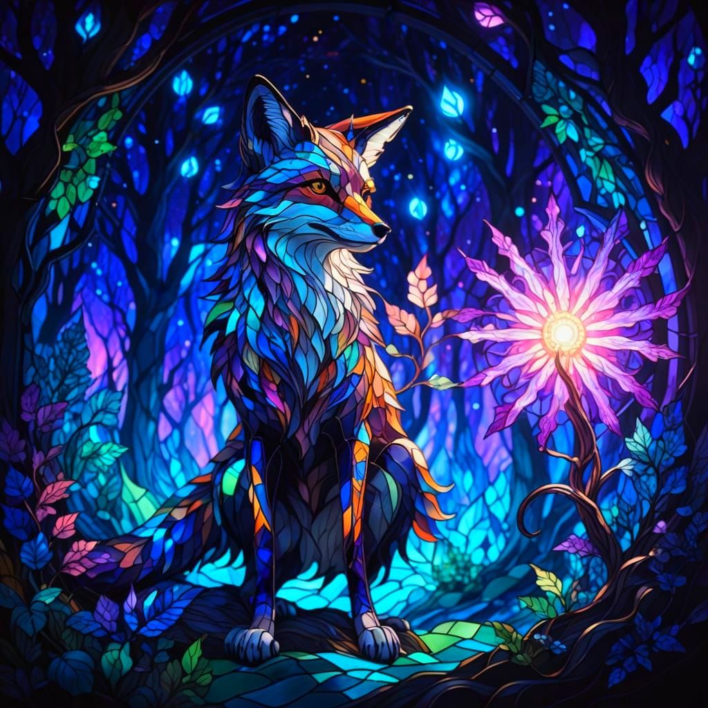 Fantasy Fox in Magical Forest Stained Glass Art