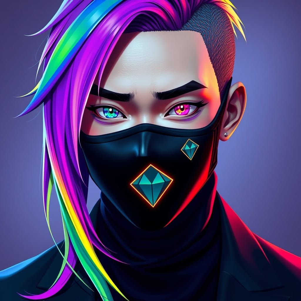 Japanese Man in Vibrant Gradient Hair, Inspired by Fortnite....