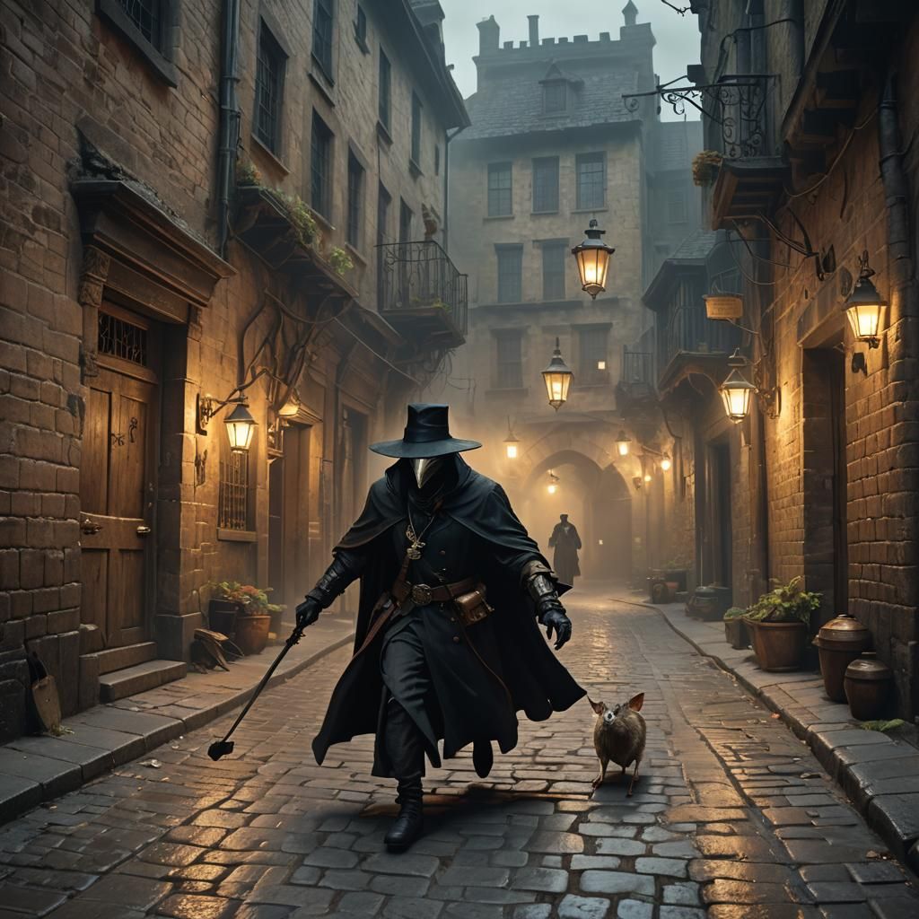 Plague Doctor Chasing Rat in Baroque Alleyway