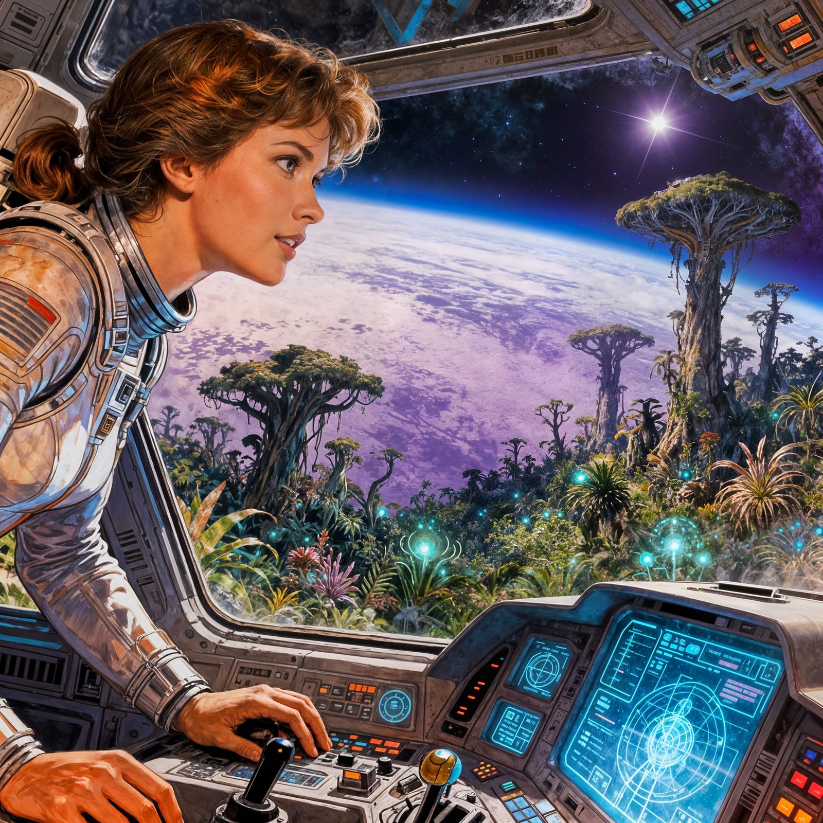 Space Pilot Navigates Alien Jungle Planet in Sci-Fi Matte Pa...