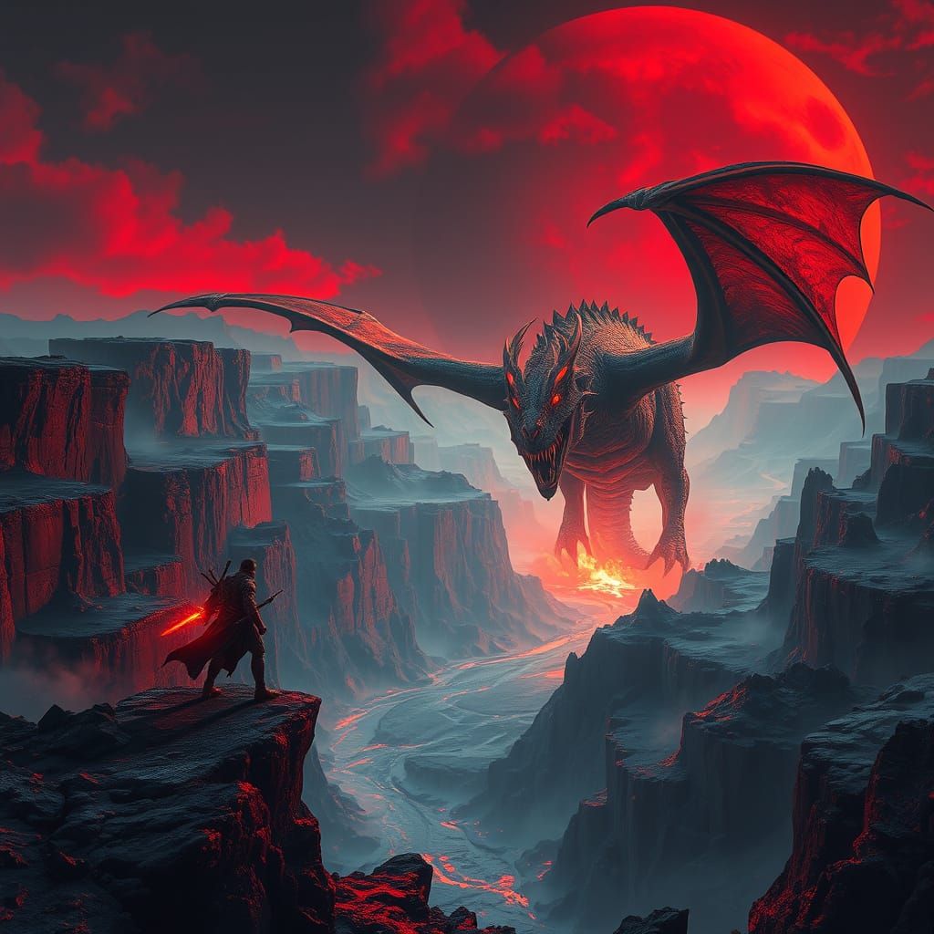 Warrior and Dragon Battle in Volcanic Canyon