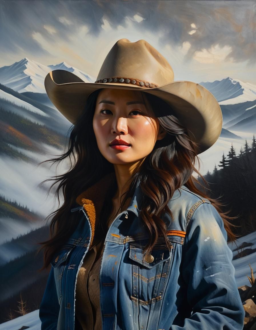 Korean Woman in Snowy Landscape: Chiaroscuro Oil Painting