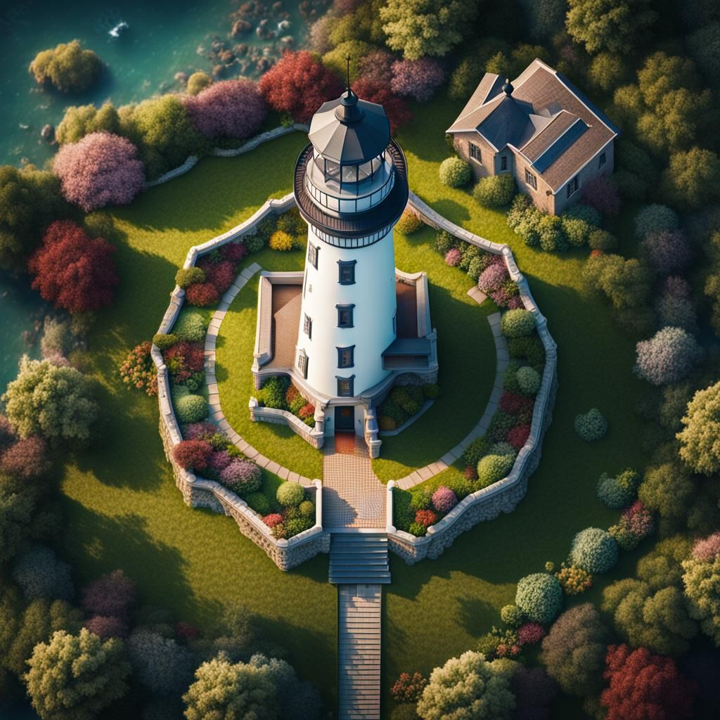 Aerial Lighthouse View with Garden: Digital Matte Painting
