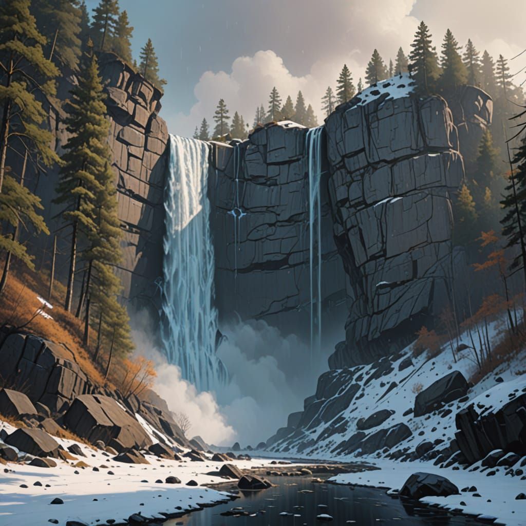 Misty Waterfall Cascades in Snowy Forest Landscape