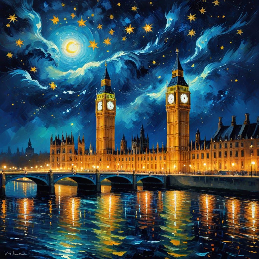 London Nightscape in Post-Impressionist Style