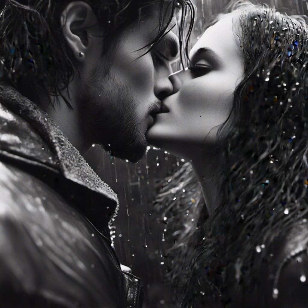 Romantic Kiss in the Rain, Black and White Lomo Photo
