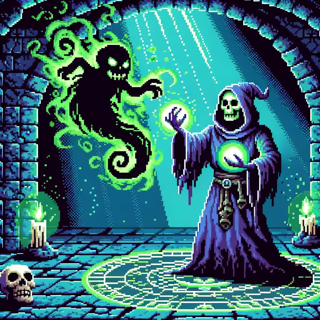 Pixel Art Necromancer Summons Vengeful Spirit