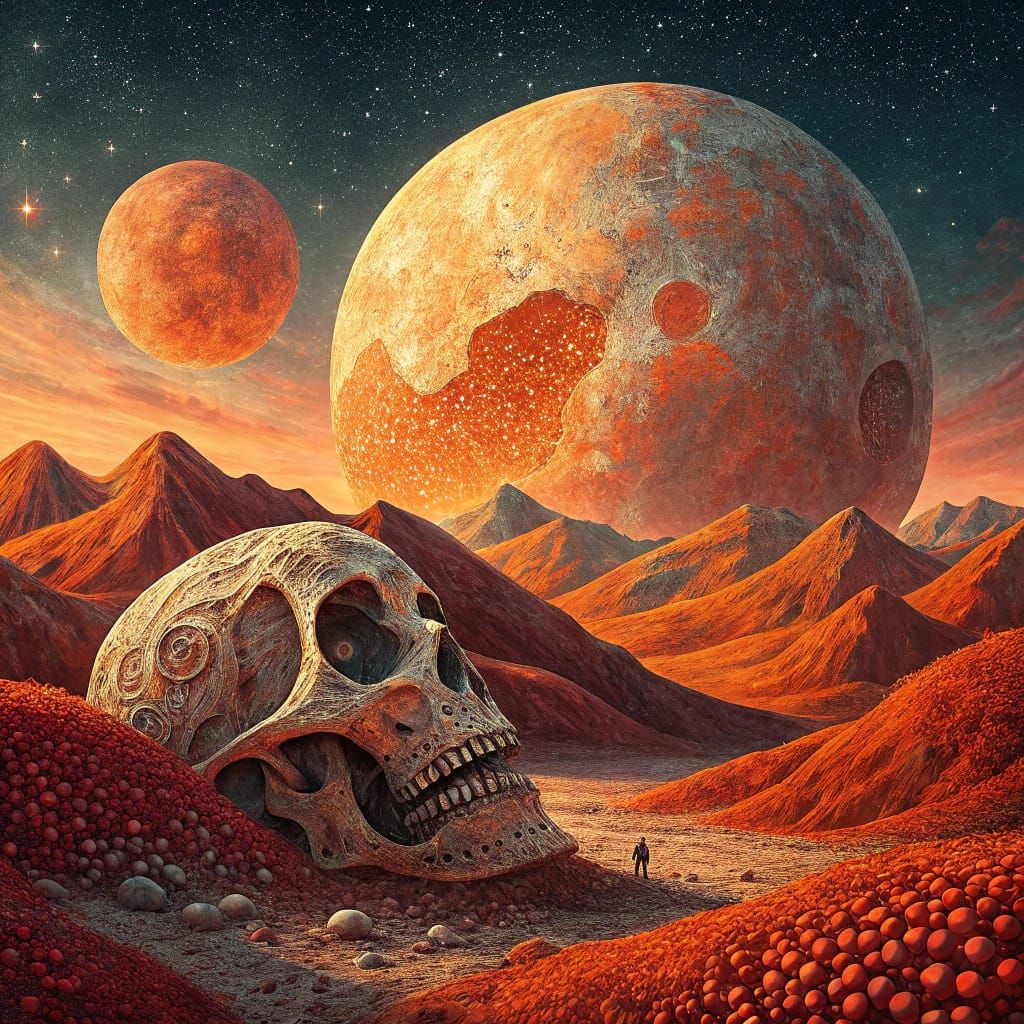 Celestial Skullscape in Vibrant Cubist Colors