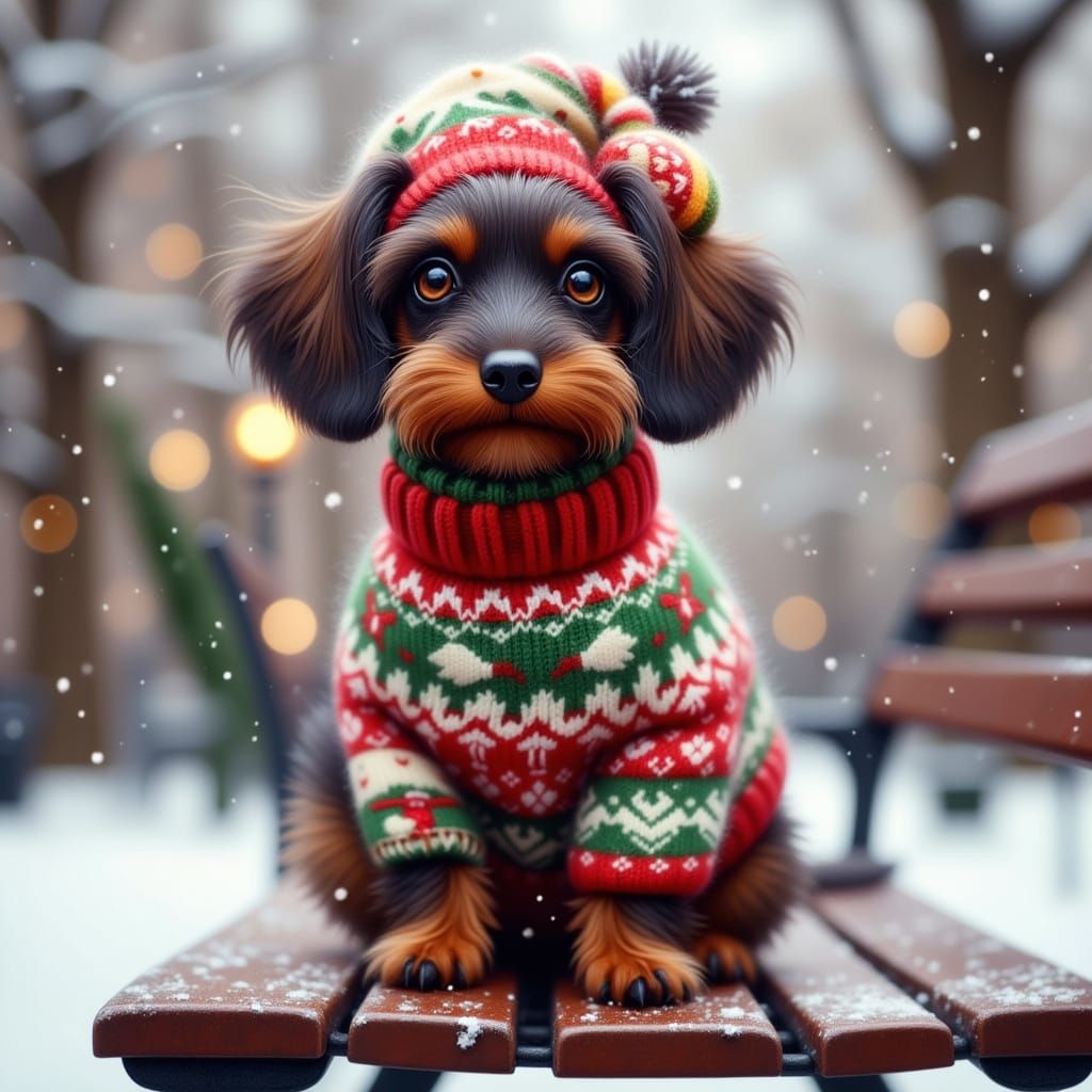 Chocolate Dachshund in Snowy Park Wearing Ugly Christmas Swe...
