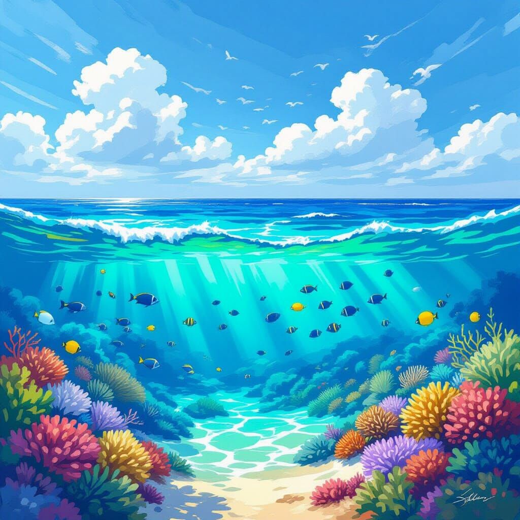 Vibrant Turquoise Ocean Waves in Impressionist Style