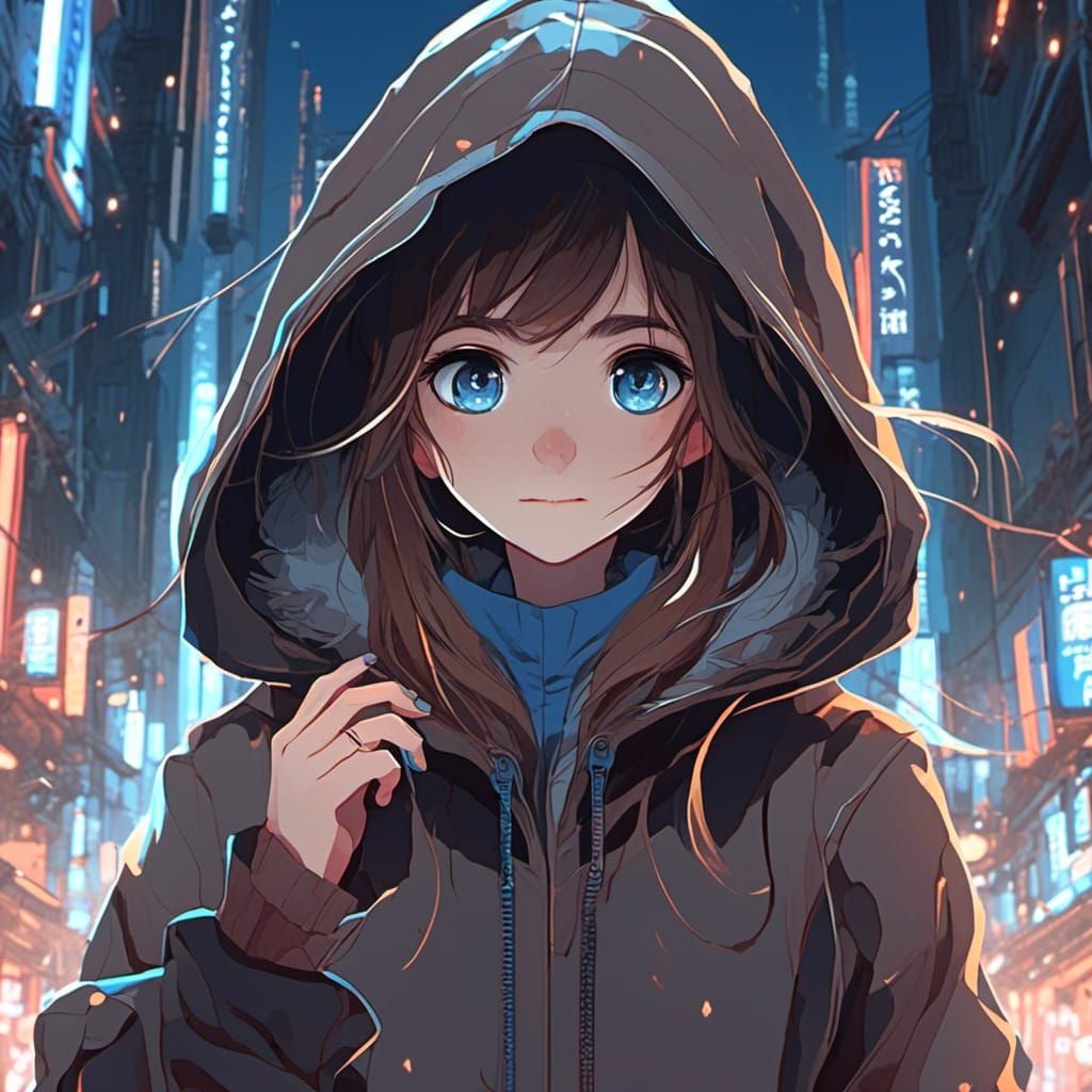 Anime Girl in Black Hoodie, Ghibli Style