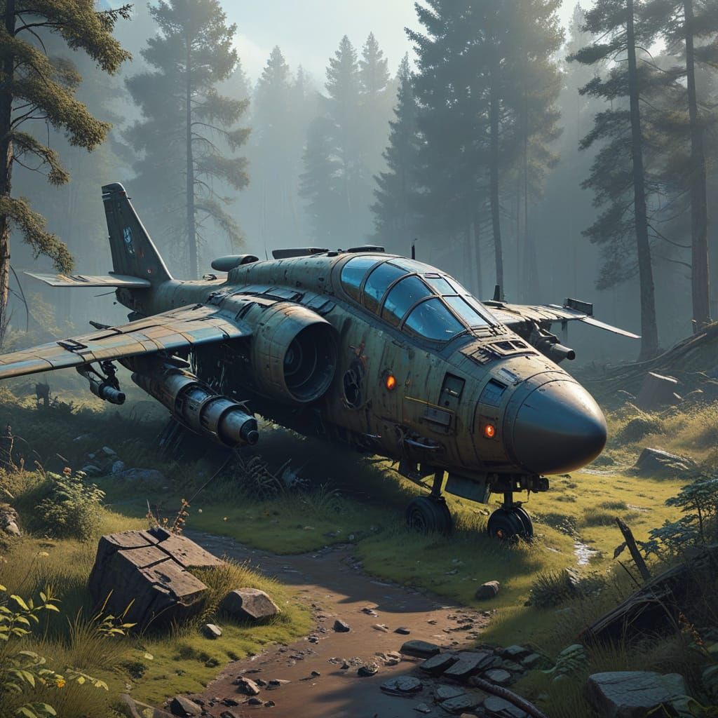 Modern Skelett in altem Flugzeug über malerischem Dorf, insp...