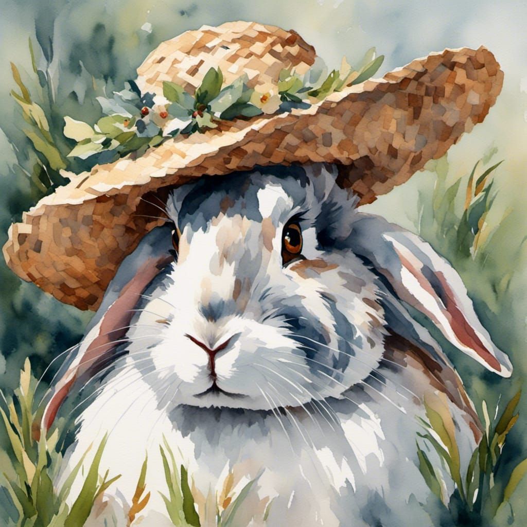 Rabbit in Straw Hat: Detailed Painting
