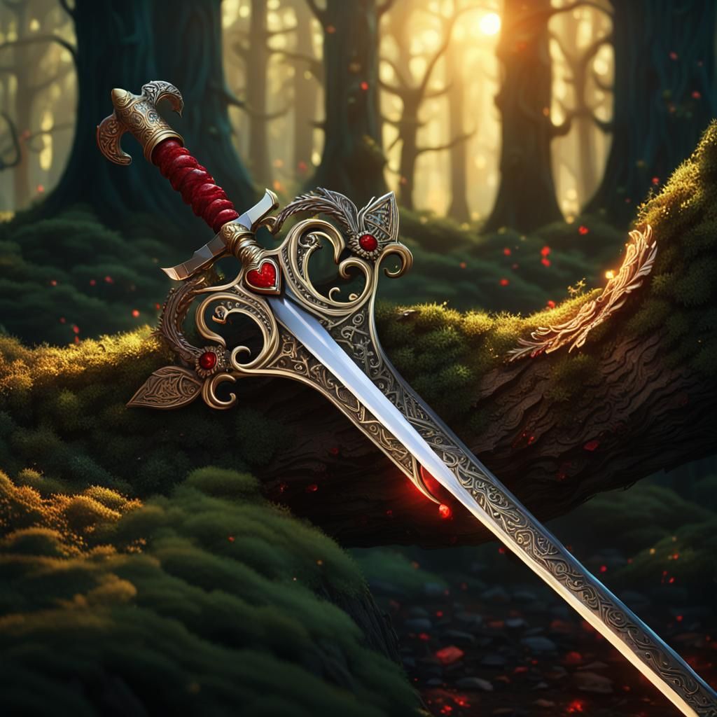 Ornate Rapier with Heart-Shaped Guard in Mystical Forest
