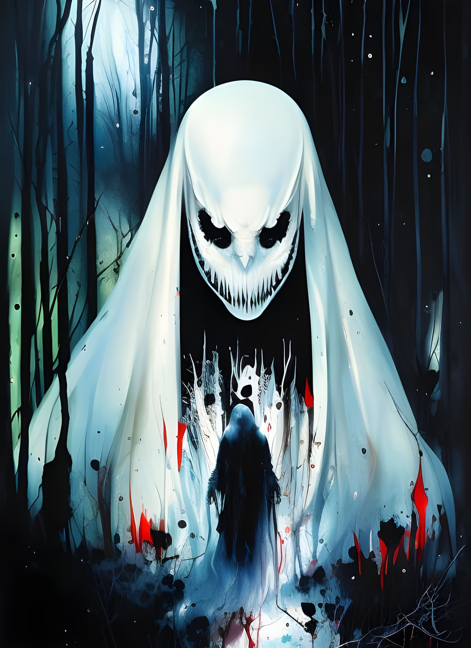 Burning Evil White Ghost in Dark Forest Horror