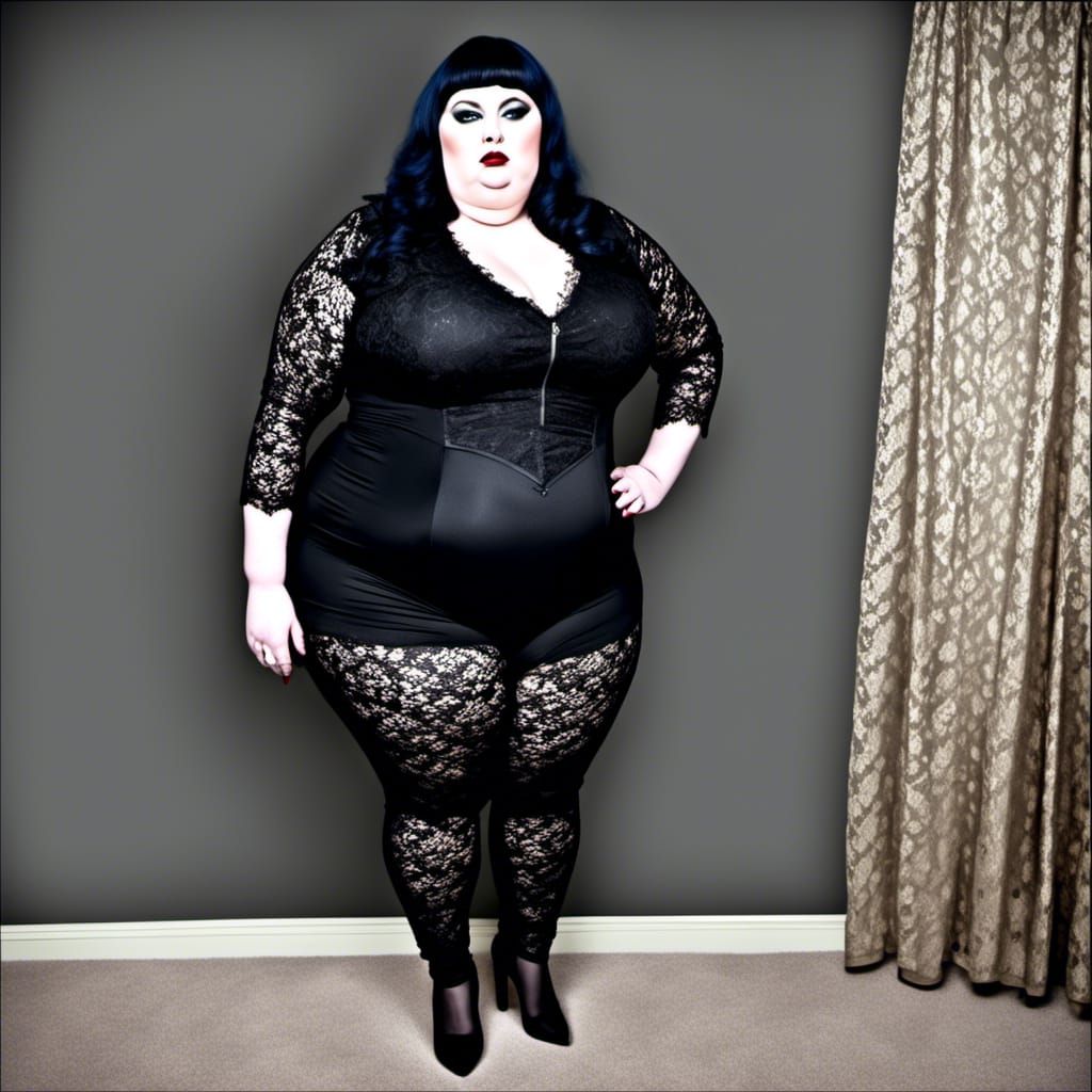 Curvy Woman in Lace Catsuit with Bold Makeup
