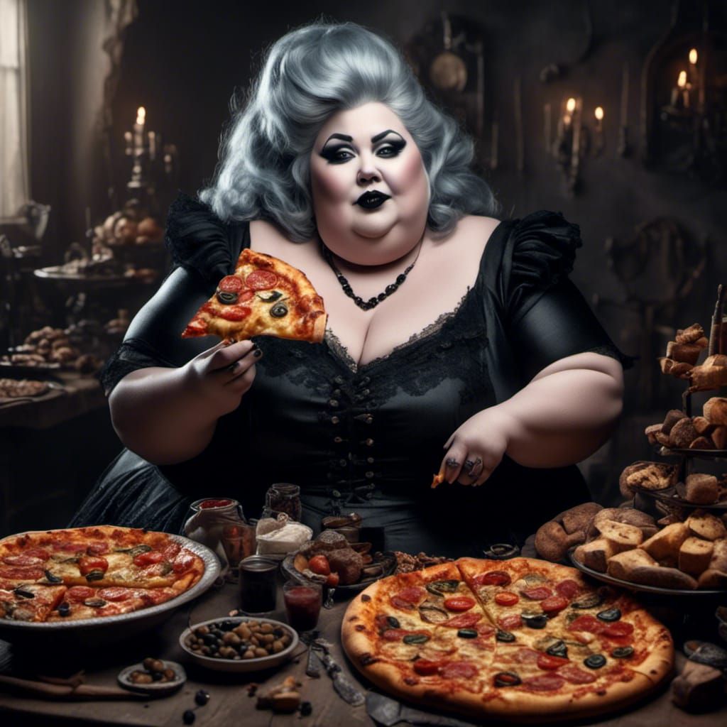 Curvy Mature Woman with Pizza, Photorealistic Image