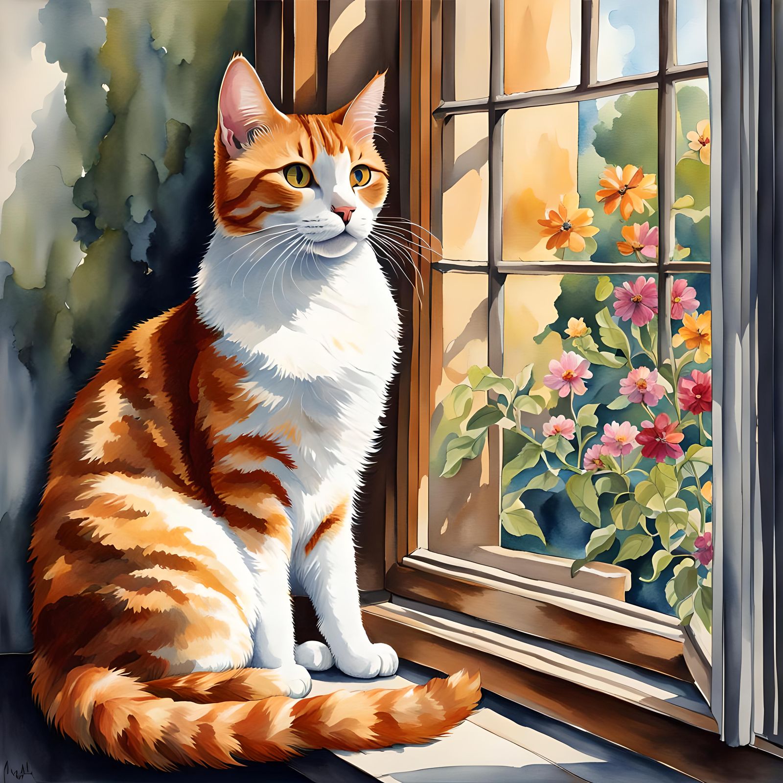 Ginger Cat Gazing at Garden: Watercolor Splash Art