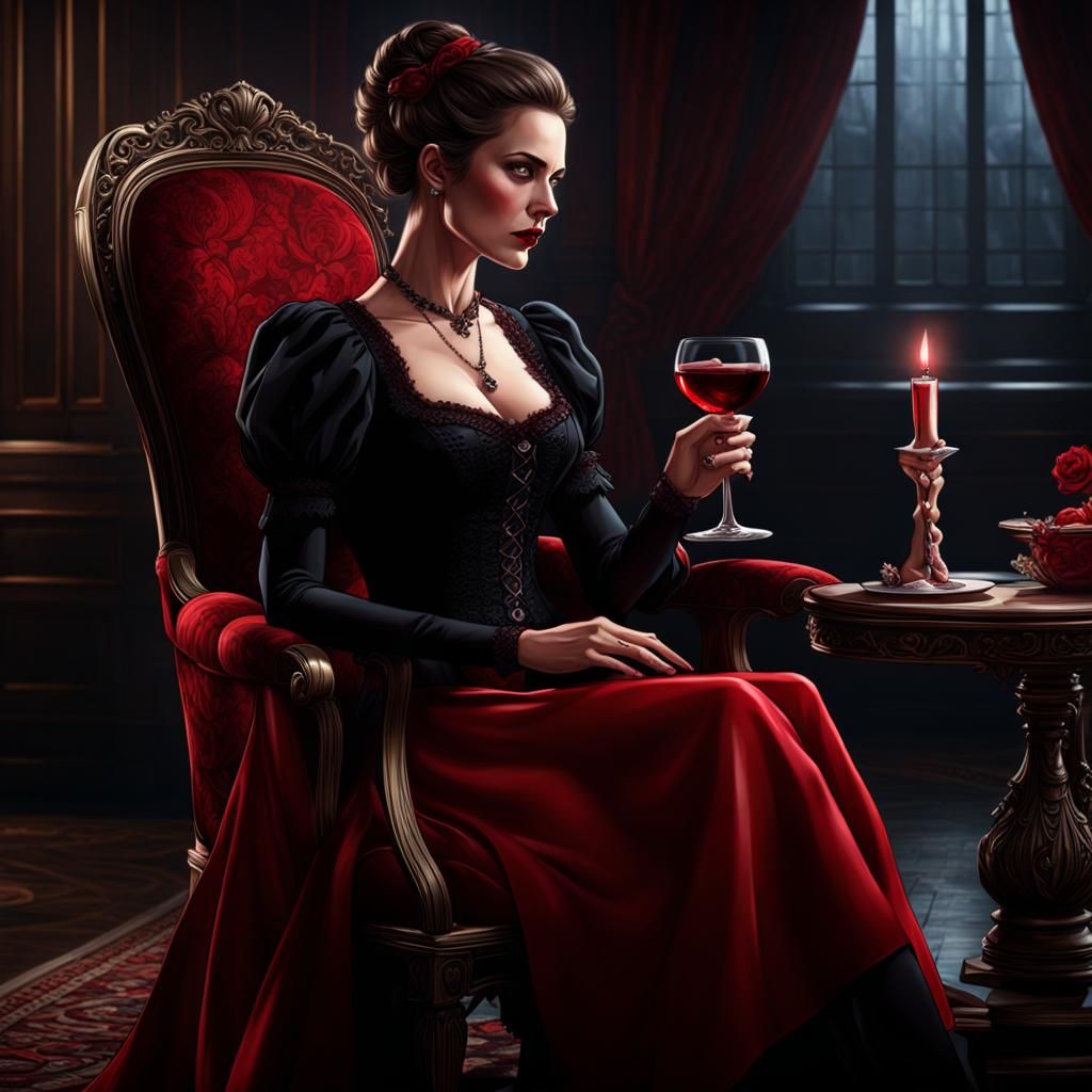 Gothic Vampire Bride in Victorian Dress, Detailed Art