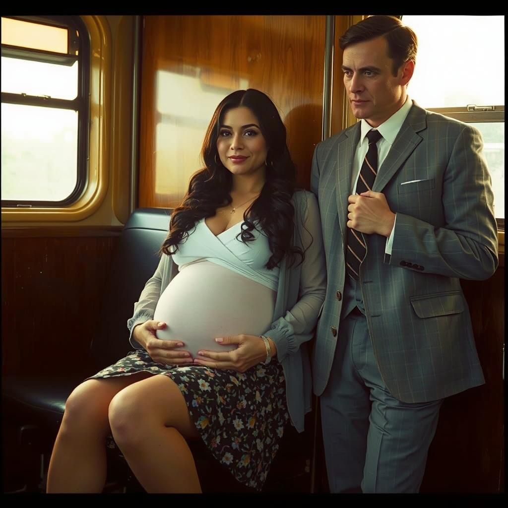 Elegant Woman in Railway Carriage: Cinematic Film Still