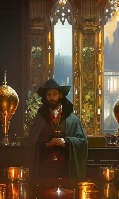 Sorrowful Man and Chalices: Hyperdetailed Concept Art