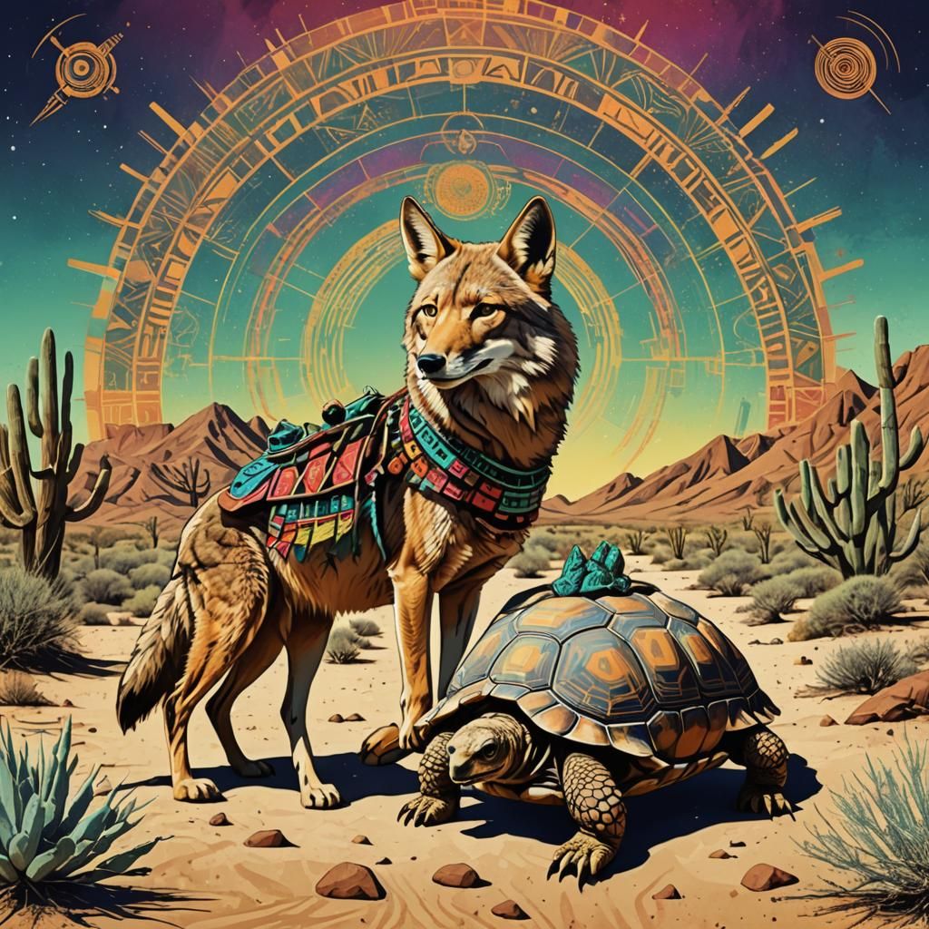 Coyote Shaman and Tortoise in Desert: Pop Art