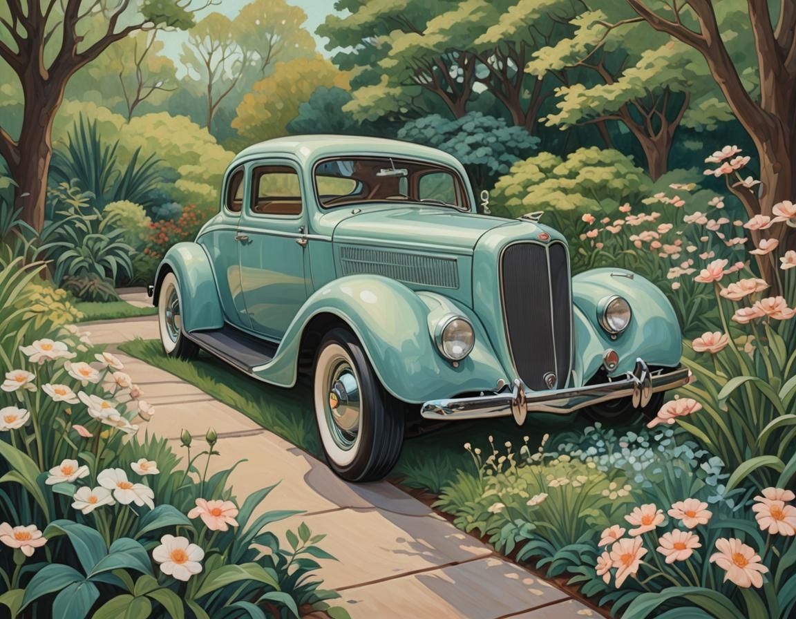 Elegant Hot Rod in Ethereal Garden, Kawasaki Style