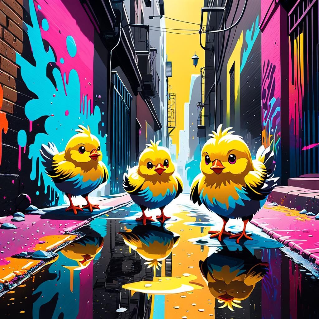 Chicks in City Alleyway as Vibrant Street Art