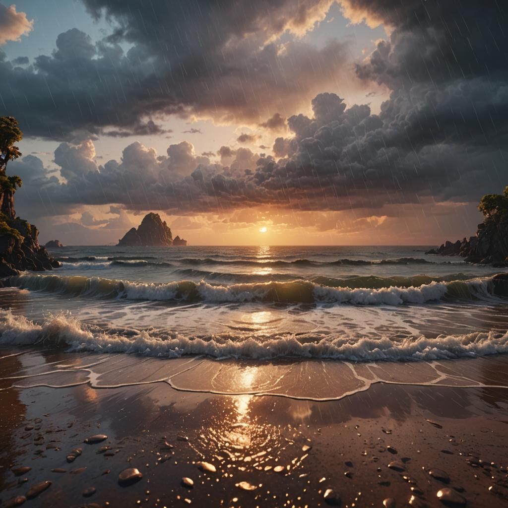 Sunset Rain on Beach: Fantasy Concept Art