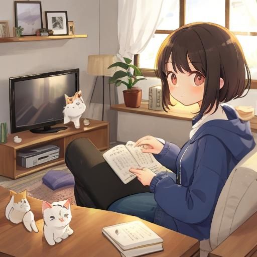 Girl and Cat Watching TV Together