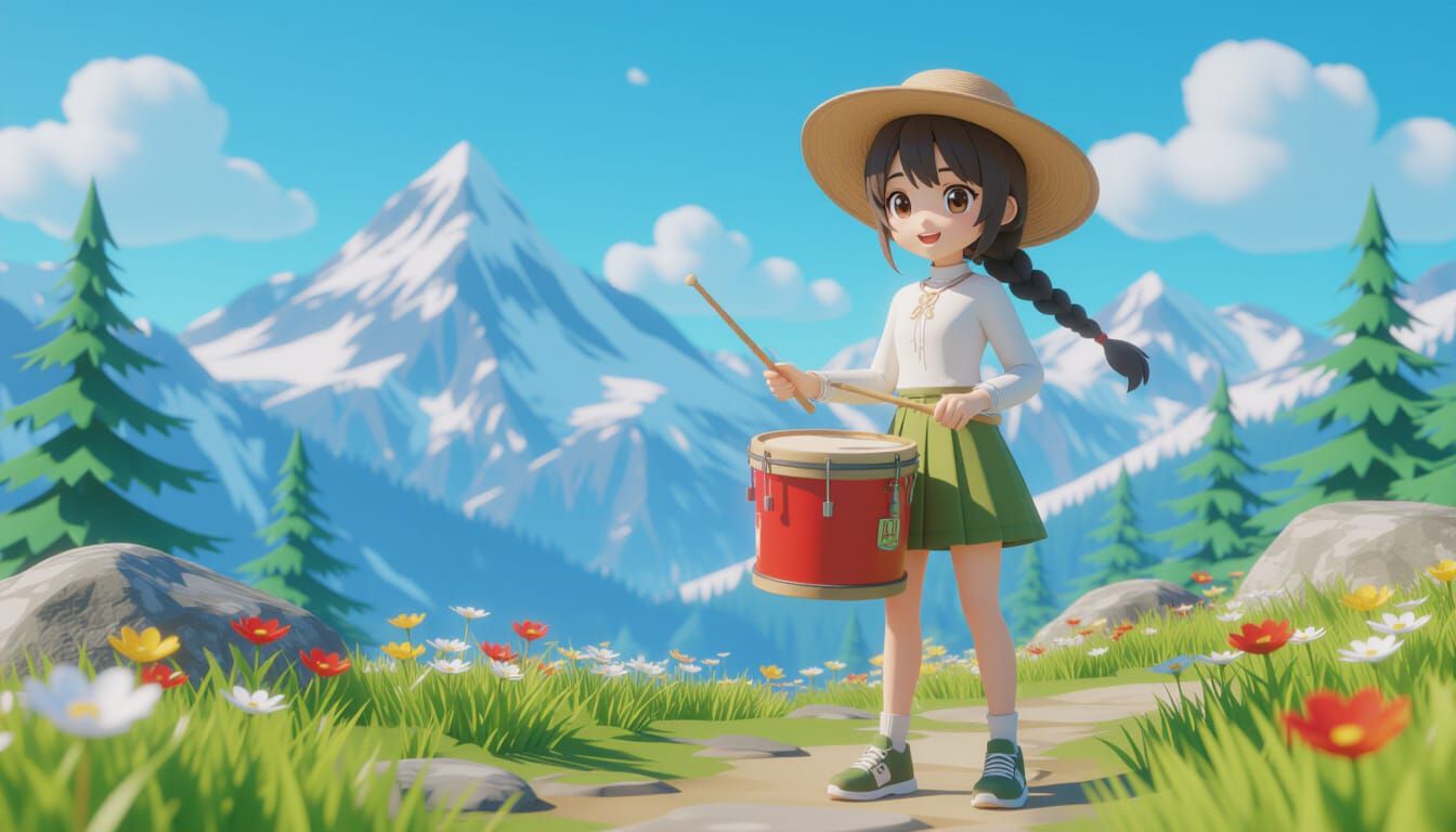 Cartoon Girl Drummers on Mountain Path in Anime Style