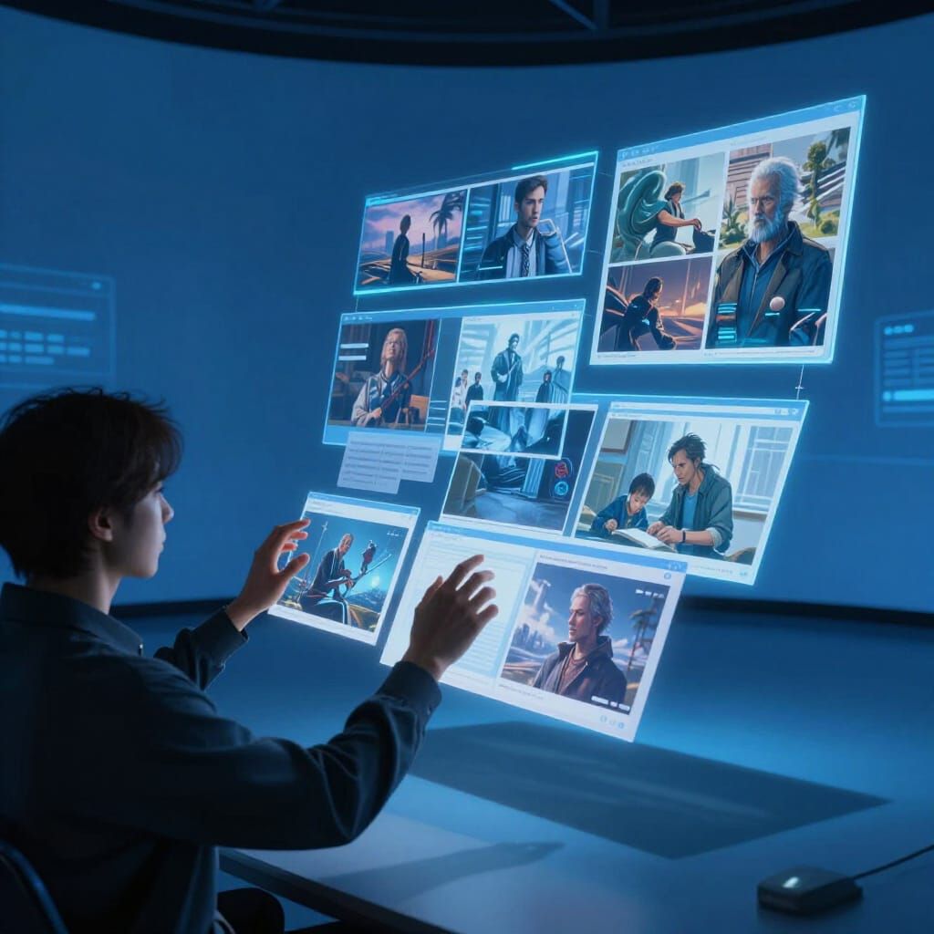 Futuristic Creative Workspace with Floating Storyboards