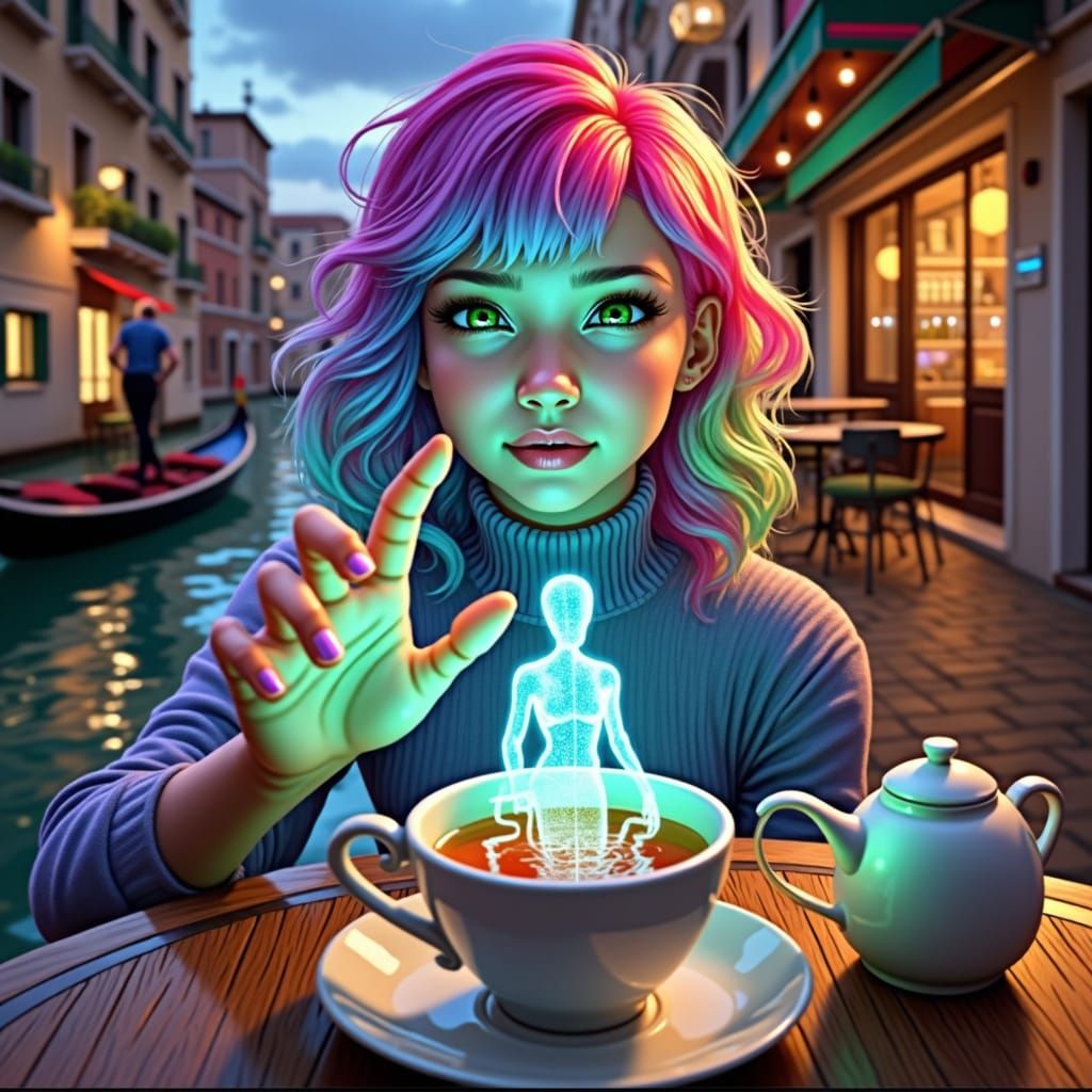 Rainbow Haired Girl Reaching for Holographic Tea