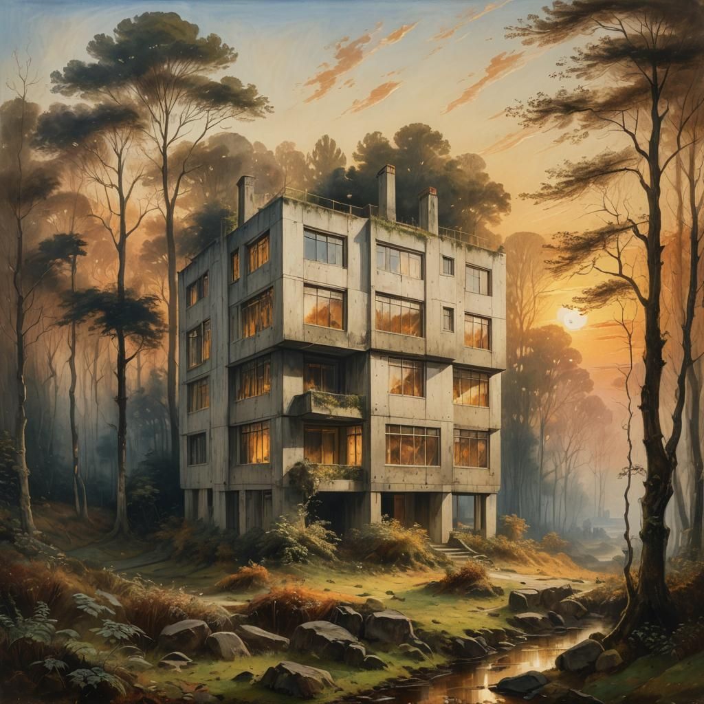 Turner-esque Brutalist Window House at Sunset