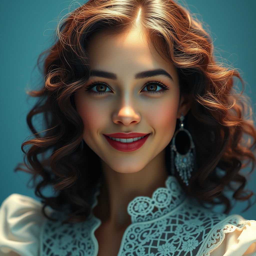 Hyperrealistic Portrait of Smiling Woman with Flowing Hair