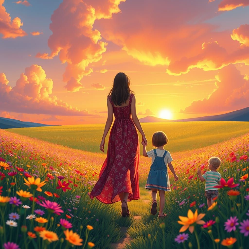 Whimsical Family Scene in a Vibrant Wildflower Meadow at Sun...