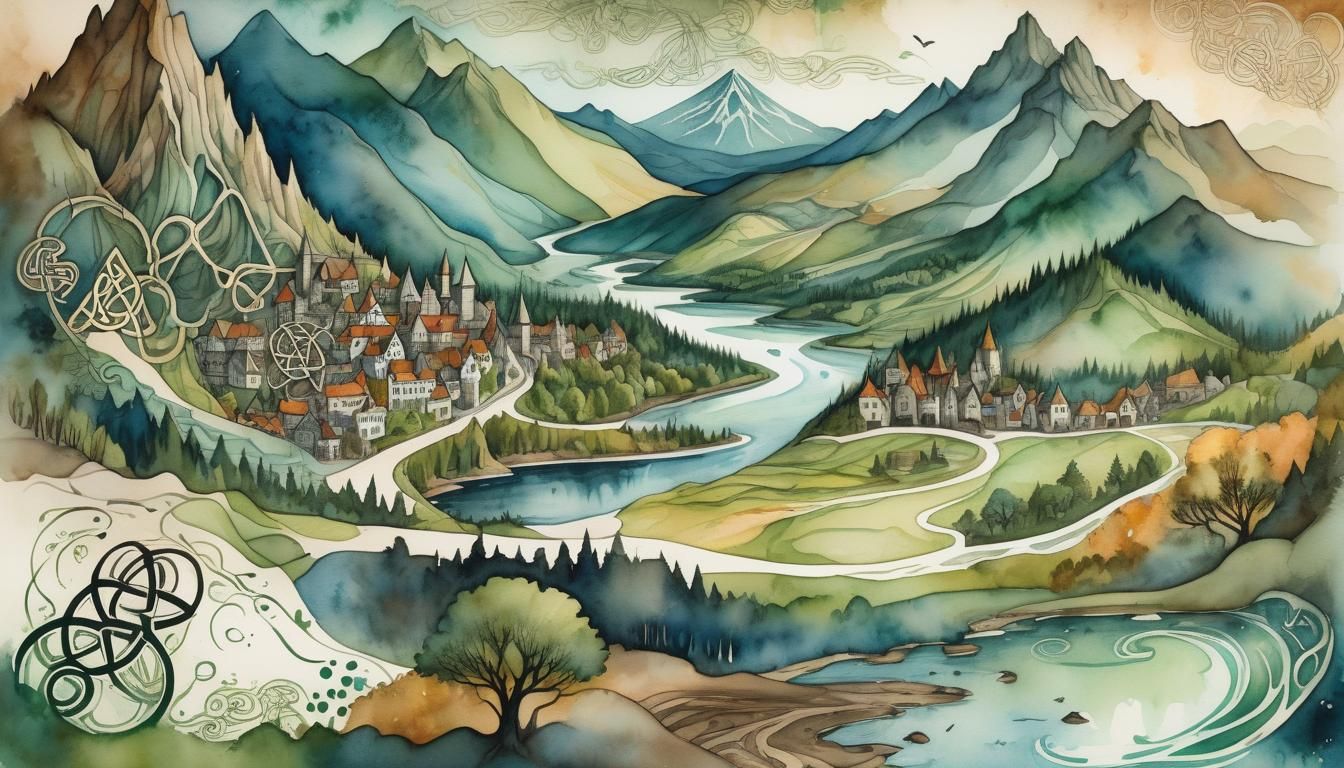 Mysterious Watercolor Parchment Map of Blended Landscapes