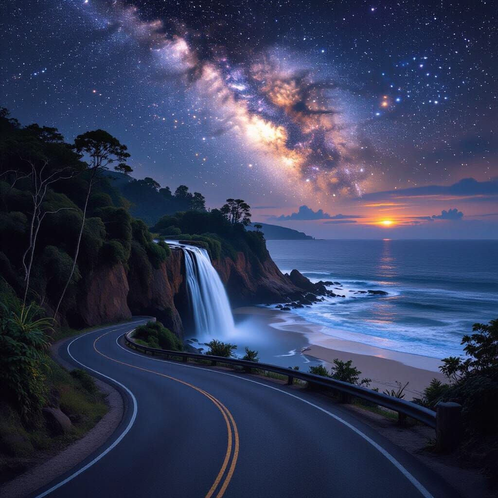 Roadside Waterfall Under Andromeda Galaxy, Realistic Style