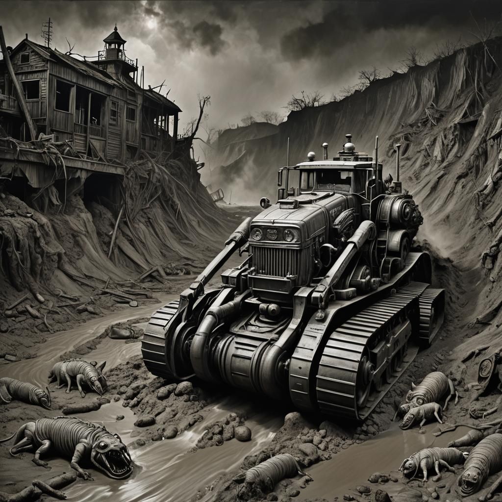 Satanic Bulldozer: A Horror Photograph in Impasto Style